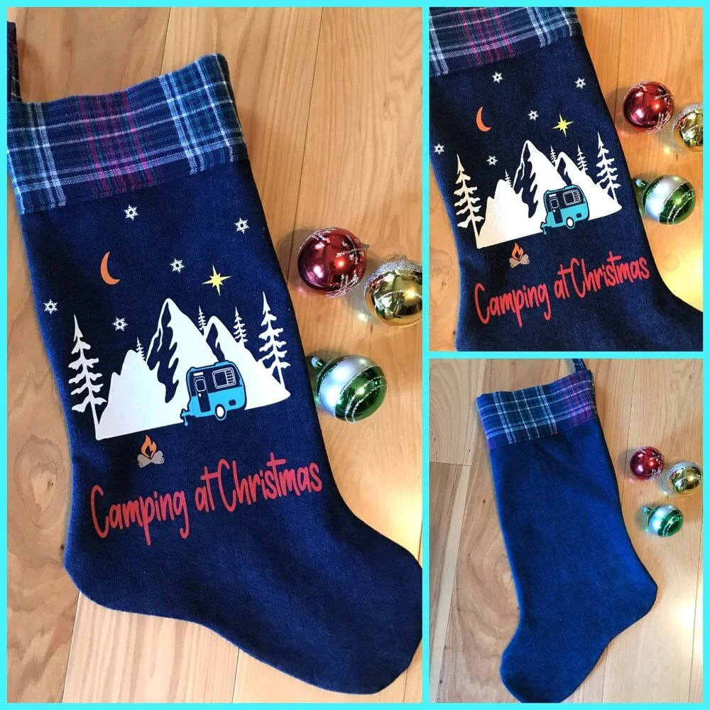 Recycled Denim Christmas Stocking, Mountains Cabin Decor Camping Fishing M-L